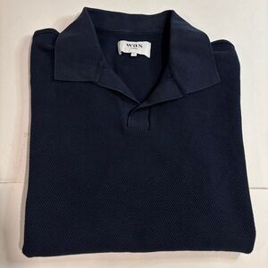 Wax London Atwood Ecru Textured Organic Cotton Polo Shirt Sz XL Navy Blue